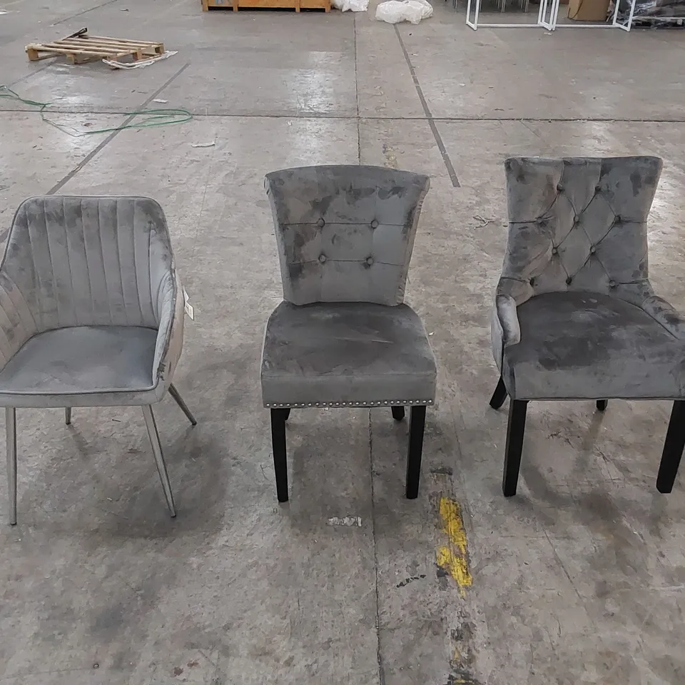 3 X ASSORTED UPHOLSTERED GREY VELVET CHAIRS 