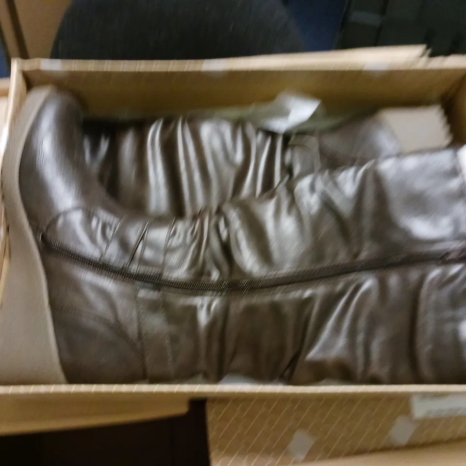 LOT OF 8 BOXED PAIRS OF BARRATTS VIXEN STRAP AND ROUCHE WEDGE HIGH LEG BOOTS - VARIOUS SIZES