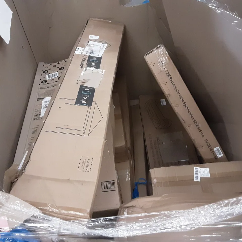 PALLET OF ASSORTED PRODUCTS INCLUDING 6FT FOLDING TABLE, TOWER FAN, CAT LITTER BOX, OAK DESKTOP + WHITE FRAME, NORTHERN STONE AEROBIC STEP, POP UP GAZEBO