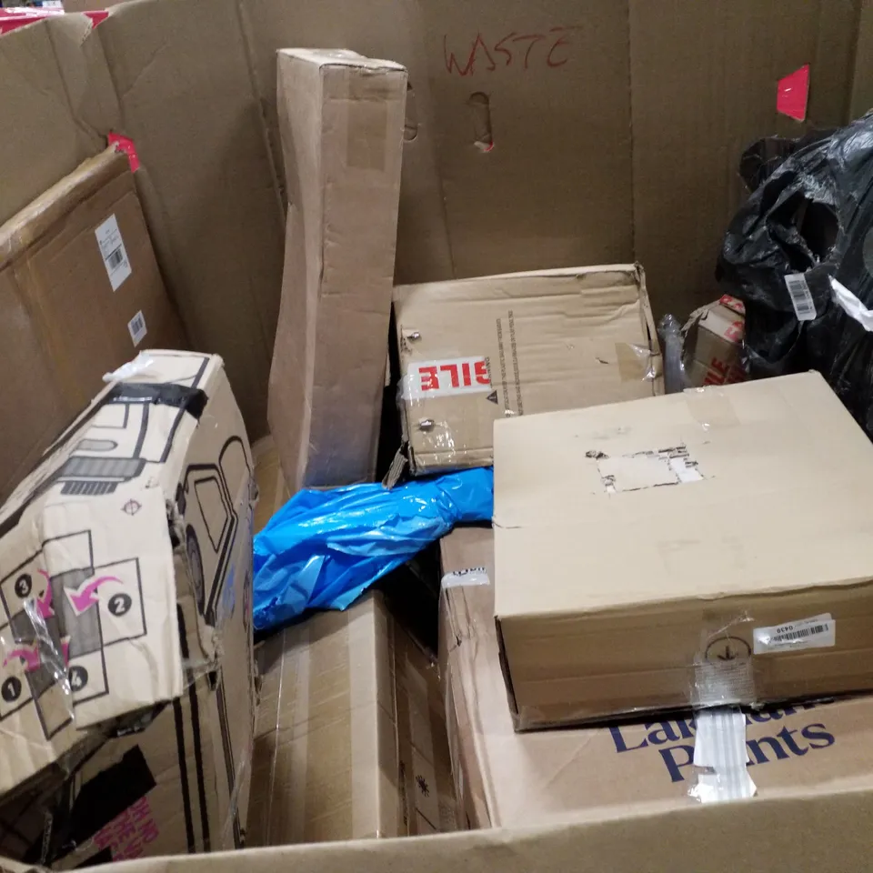 PALLET OF ASSORTED PRODUCTS INCLUDING PEDAL BIN, COFFEE TABLE, RETRACTABLE GATE, PLUG IN LED LIGHT, ALUMINIUM FRAME WRITING BOARD