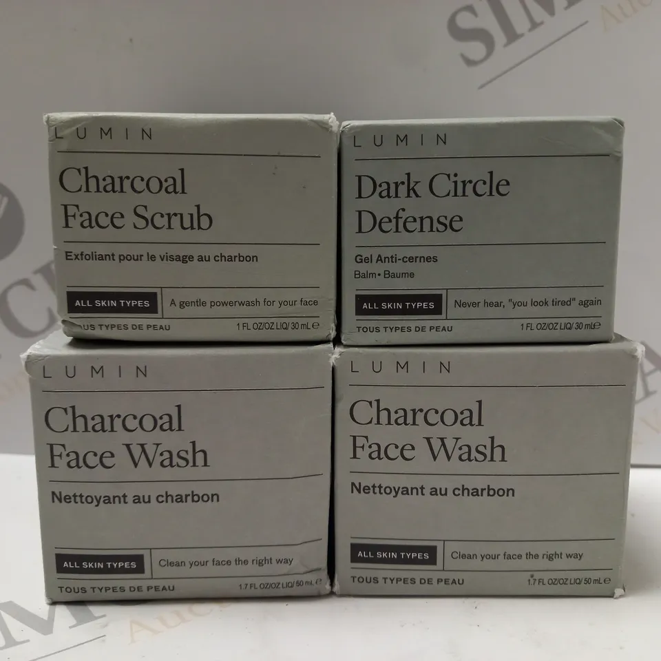 BOX OF 4 ASSORTED LUMIN PRODUCTS TO INCLUDE CHARCOAL FACE WASH, DARK CIRCLE DEFENSE, CHARCOAL FACE WASH, CHARCOAL FACE SCRUB