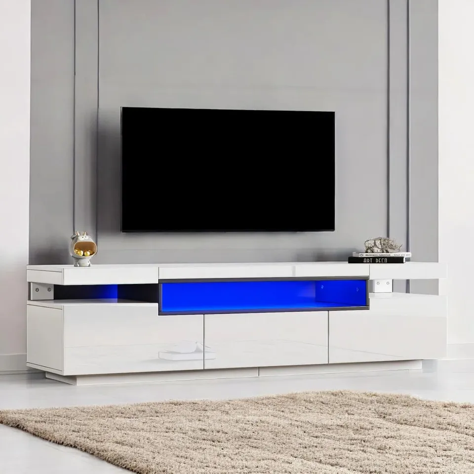BOXED WHITE TV STAND CABINET FOR 70" TVS, HIGH GLOSS UNIT WITH LED LIGHTS