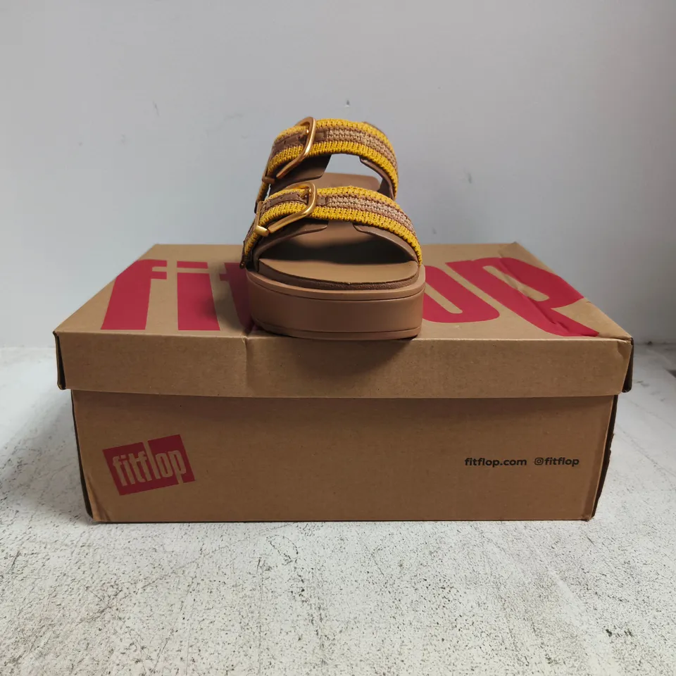 BOXED PAIR OF FITFLOP GEN-FF MAX BUCKLE STRIPE-WEBBING TWO-BAR SLIDES IN TURMERIC/CLASSIC TAN MIX SIZE UK 5