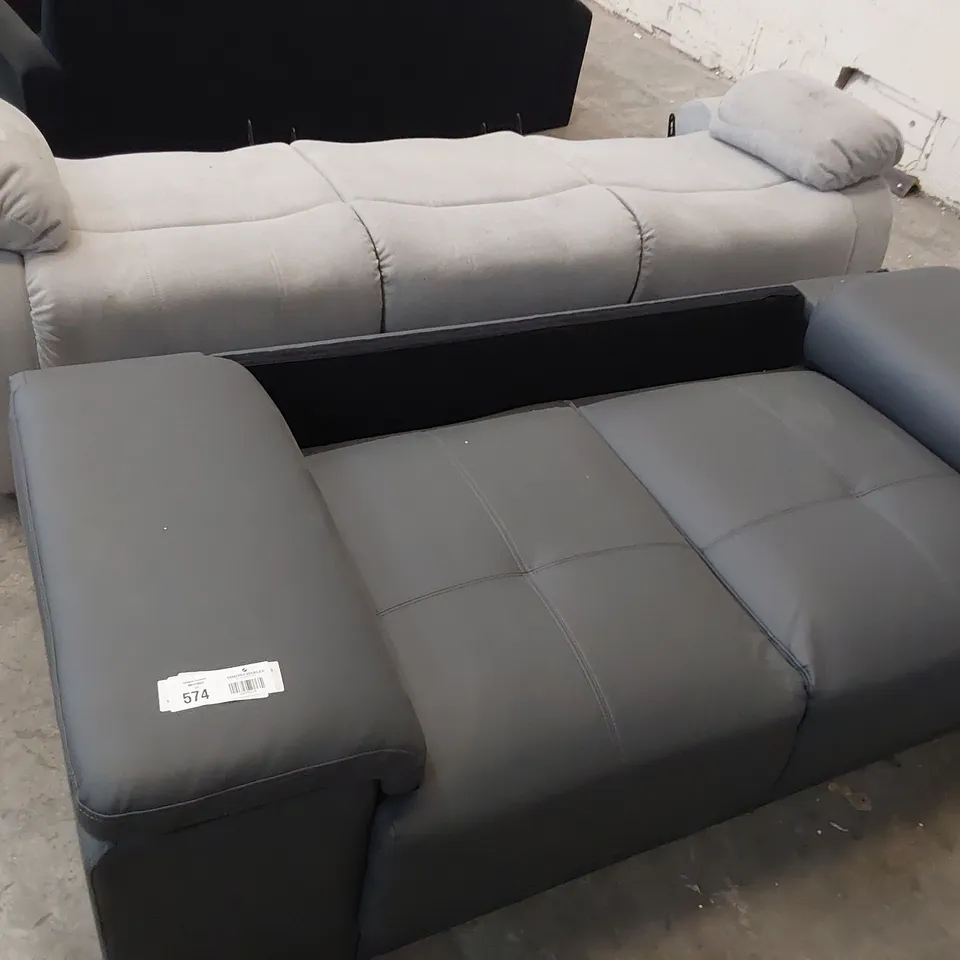 TWO THREE SEATER SOFA BASES MANUAL RECLINING LIGHT GREY FABRIC & FIXED GREY LEATHER 
