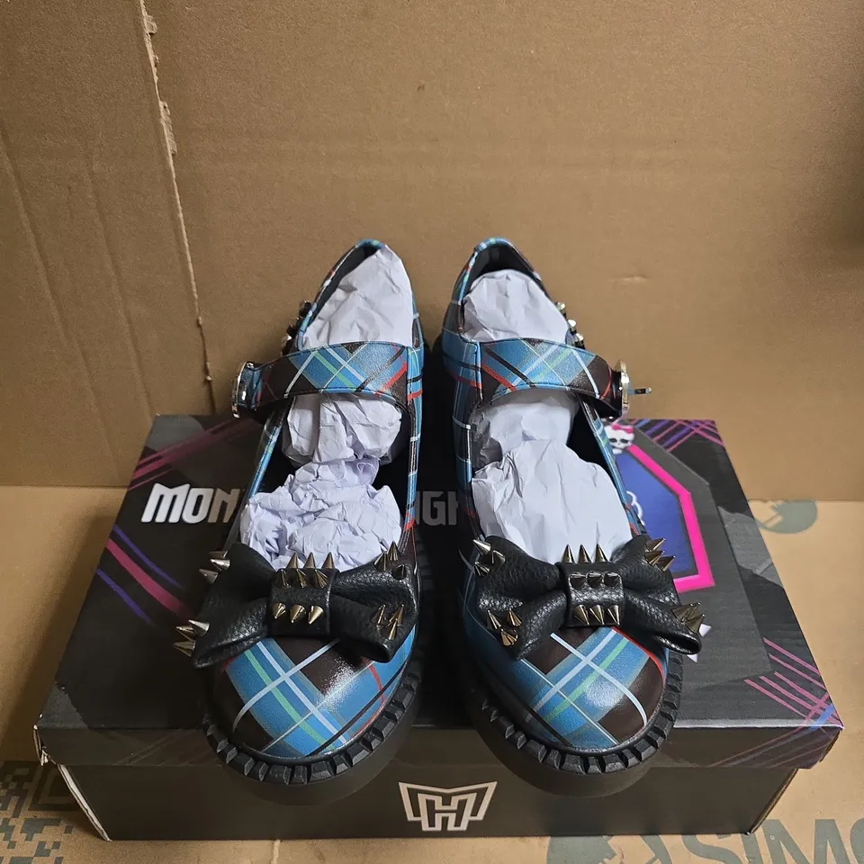 BOXED PAIR OF MONSTER X KO PLAID PLATFORM LOAFERS WITH SPIKED BOW – UK SIZE 4 