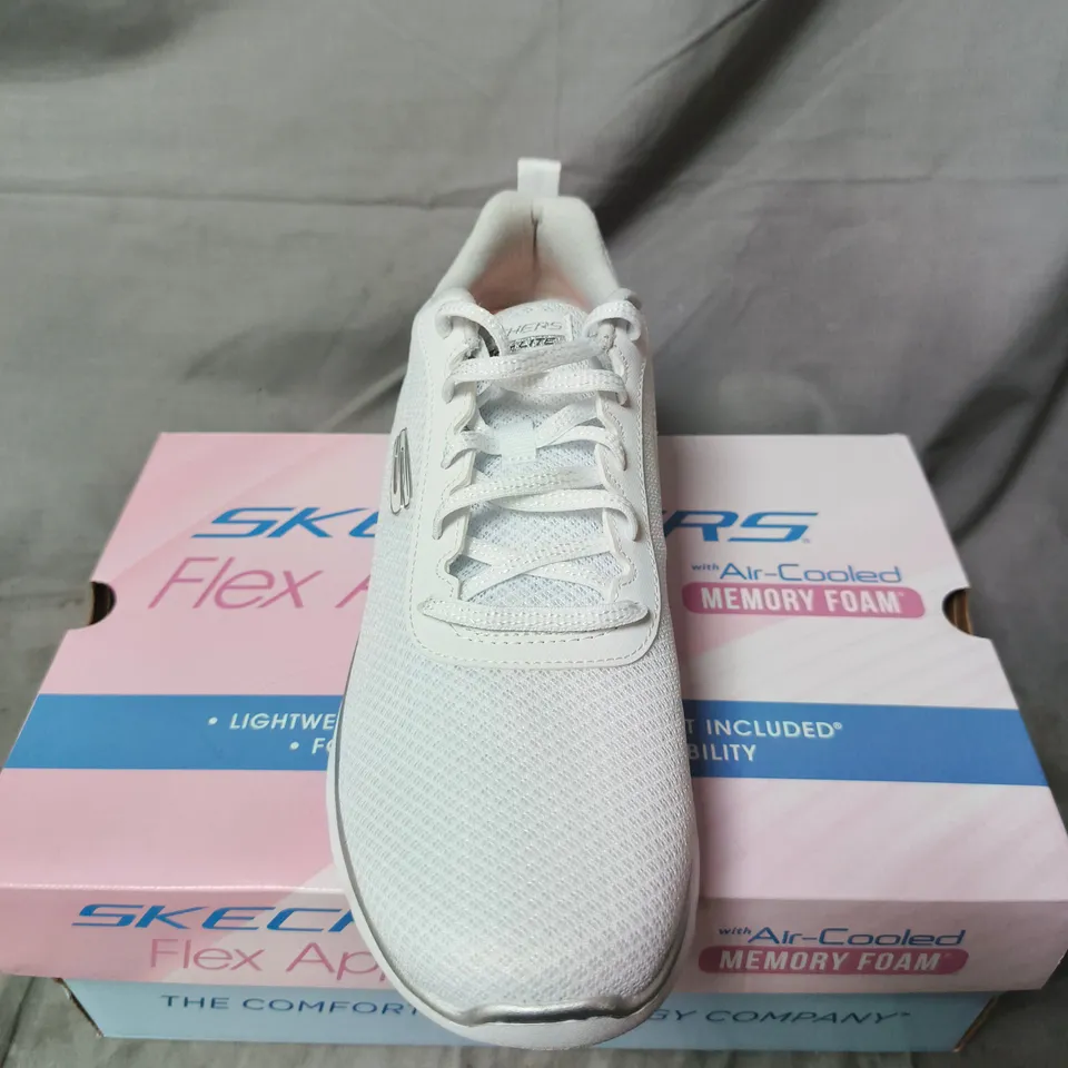 BOXED PAIR OF SKECHERS FLEX APPEAL WHITE SNEAKERS – WOMEN'S MEMORY FOAM - UK SIZE 7