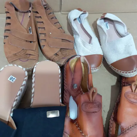 BOX OF APPROXIMATELY 20 PAIRS OF FOOTWEAR ITEMS TO INCLUDE TCM JEWEL EFFECT SANDALS IN GOLD COLOUR EU SIZE 38, DESIGNER WEDGE SANDALS EU SIZE 38, DUNE LACELESS SHOES IN BEIGE UK SIZE 7