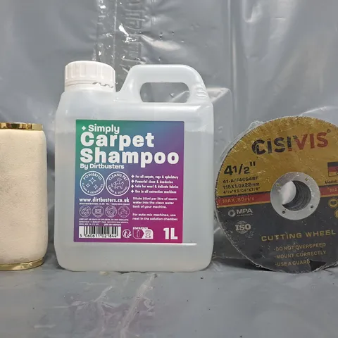 APPROXIMATELY 10 ASSORTED HOUSEHOLD ITEMS TO INCLUDE CISIVIS CUTTING WHEEL, CARPET SHAMPOO, ETC