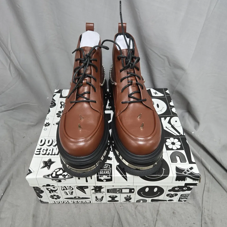 BOXED PAIR OF KOI THE SILENCE PLATFORM GRUNGE BOOTS IN BROWN - UK 10