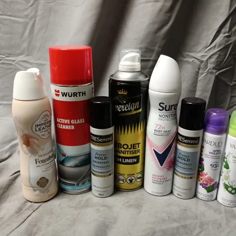 APPROXIMATELY 20 ASSORTED AEROSOLS TO INCLUDE WURTH ACTIVE GLASS CLEANER, SURE SWEAT PROTECT, IMPERIAL LEATHER FOAMBURST, ETC - COLLECTION ONLY