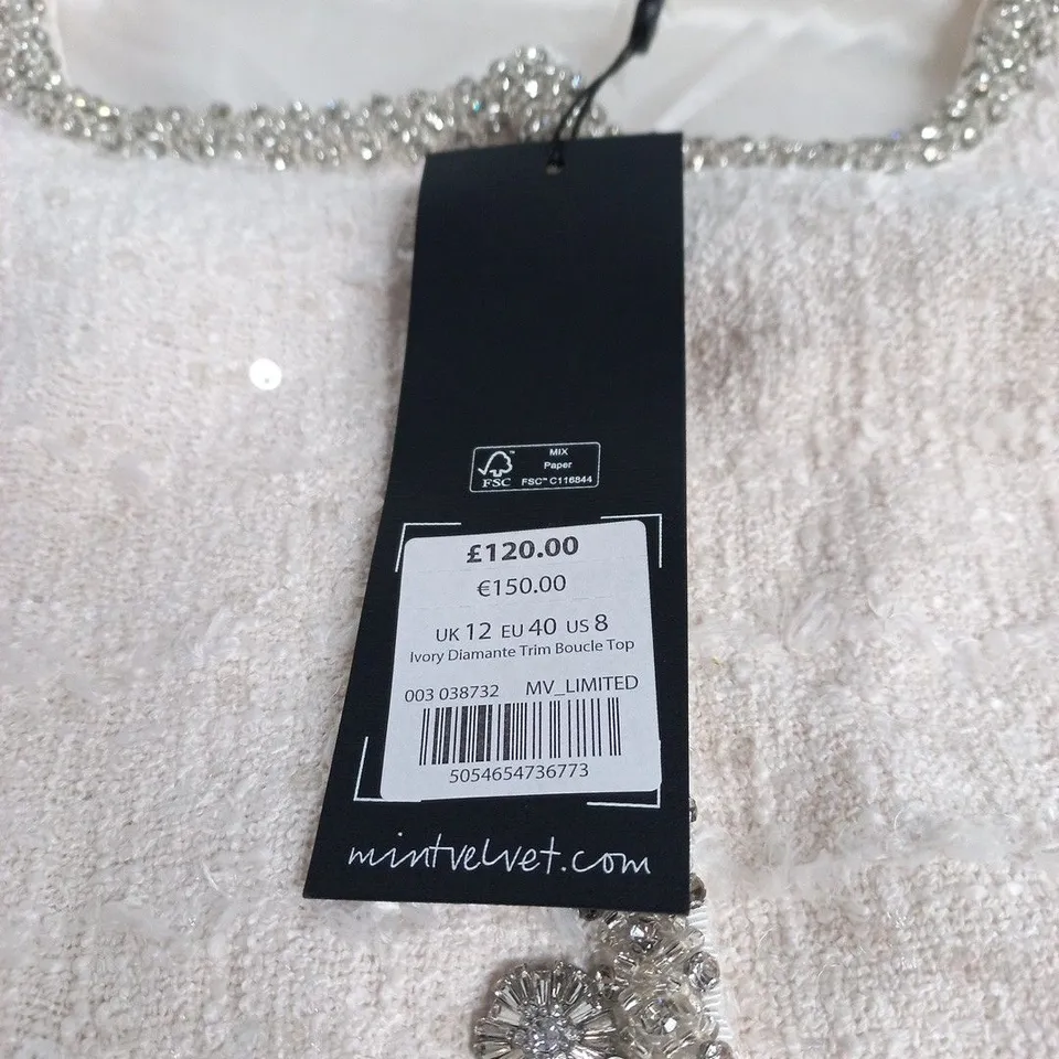 MINT VELVET IVORY DIAMANTE TRIM BOUCLE TOP, UK 12 (EU 40)