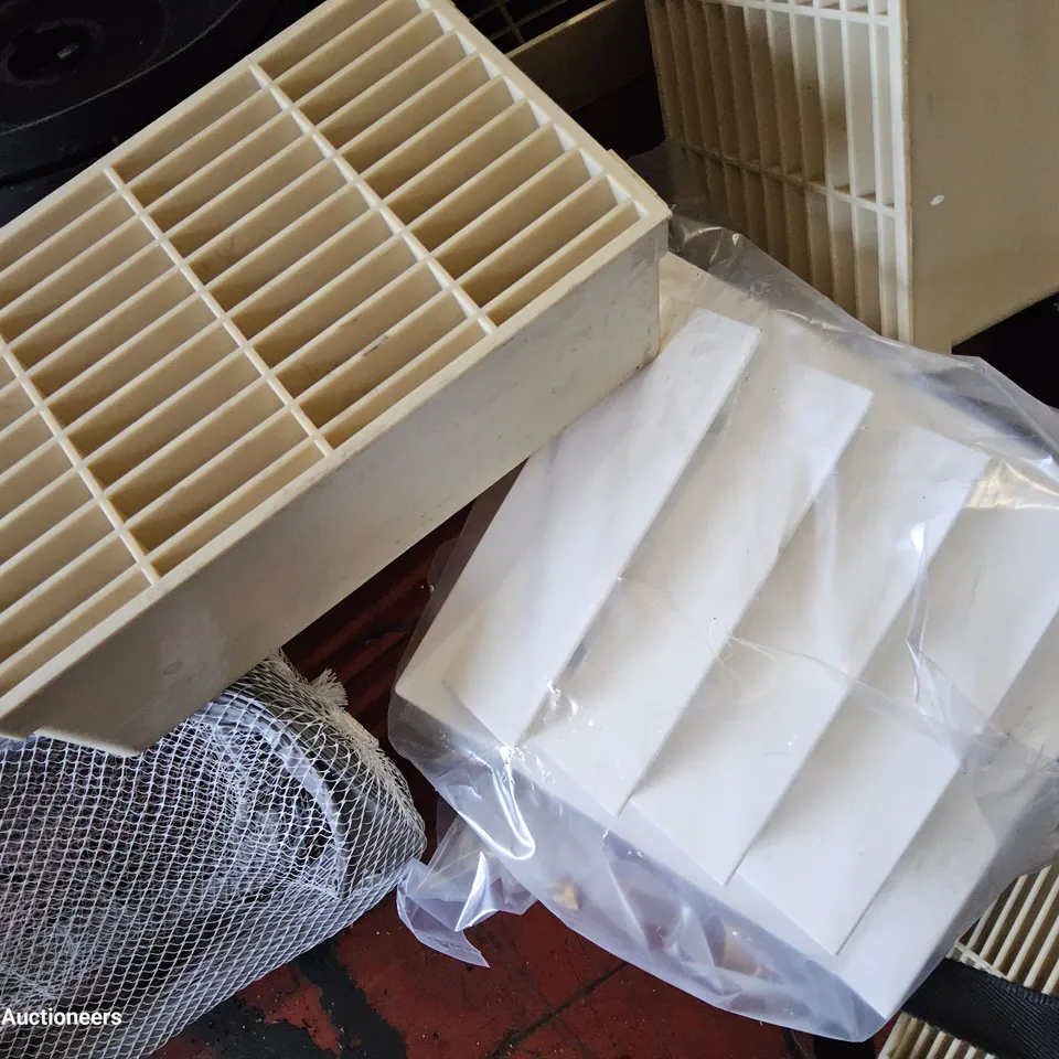 BOX OF ASSORTED EXTRACTOR PARTS, INCLUDING, MOTOR, CARBON FILTERS, FOAM FILTERS, DUCTING, WALL VENTS.