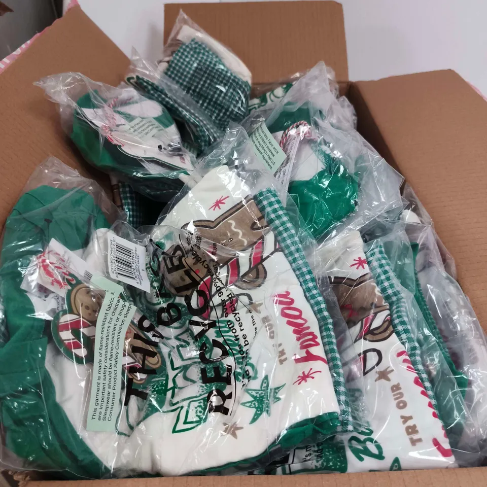 BOX OF APPROXIMATELY 25 ASSORTED CLOTHING ITEMS TO INCLUDE KIDS FAMILY CHRISTMAS RAGLAN LONG SLEEVE PJ SET VARISITY RED GINGHAM ETC