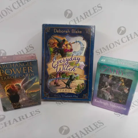 BOX OF 3 SEALED COLLECTIONS OF TAROT CARDS INCLUDING FAIRY TAROT CARDS, ARCHANGEL POWER TAROT CARDS AND EVERYDAY WITCH TAROT CARDS