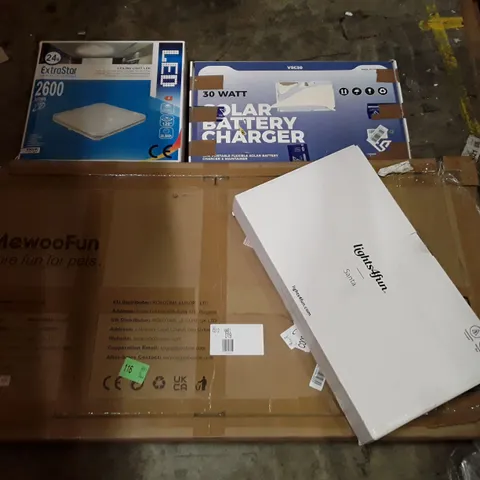 PALLET CONTAINING ASSORTED PRODUCTS INCLUDING SOLAR BATTERY CHARGER, LED CEILING LIGHT, HAMSTER CAGE & SANTA LIGHT
