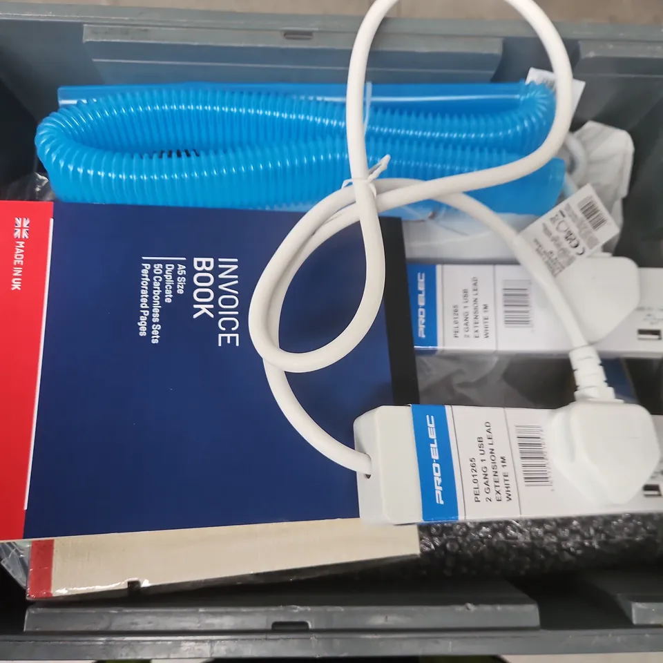 APPROXIMATELY 15 ASSORTED HOUSEHOLD ITEMS TO INCLUDE PRO-ELEC EXTENSION LEADS, RAFFLE TICKETS, INVOICE BOOK, ETC