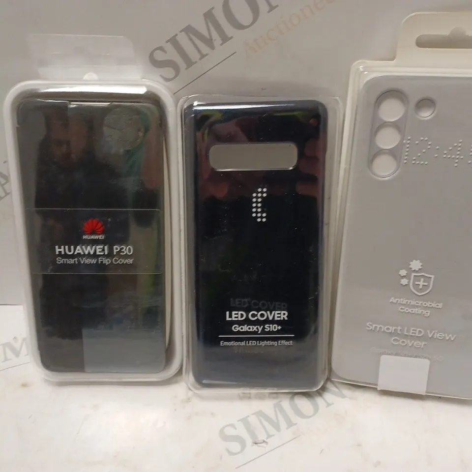 APPROXIMATELY 40 PHONE CASES TO INCLUDE HUAWEI P30 SMART VIEW FLIP COVER, LED COVER GALAXY 10+, SMART LED VIEW COVER FOR GALAXY S21+, ETC