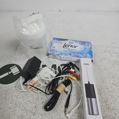 APPROXIMATELY 10 ASSORTED HOUSEHOLD PRODUCTS TO INCLUDE DRYER SHEETS, POWER SUPPLIES, MILK FROTHER ETC