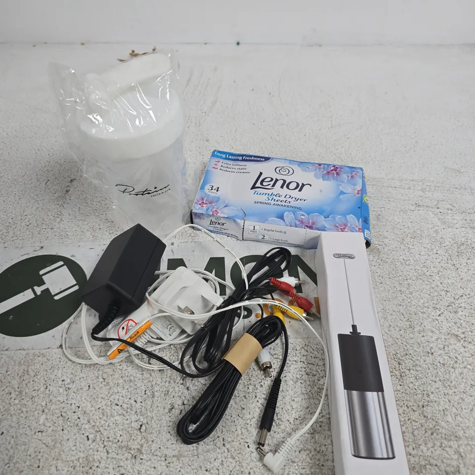 APPROXIMATELY 10 ASSORTED HOUSEHOLD PRODUCTS TO INCLUDE DRYER SHEETS, POWER SUPPLIES, MILK FROTHER ETC 