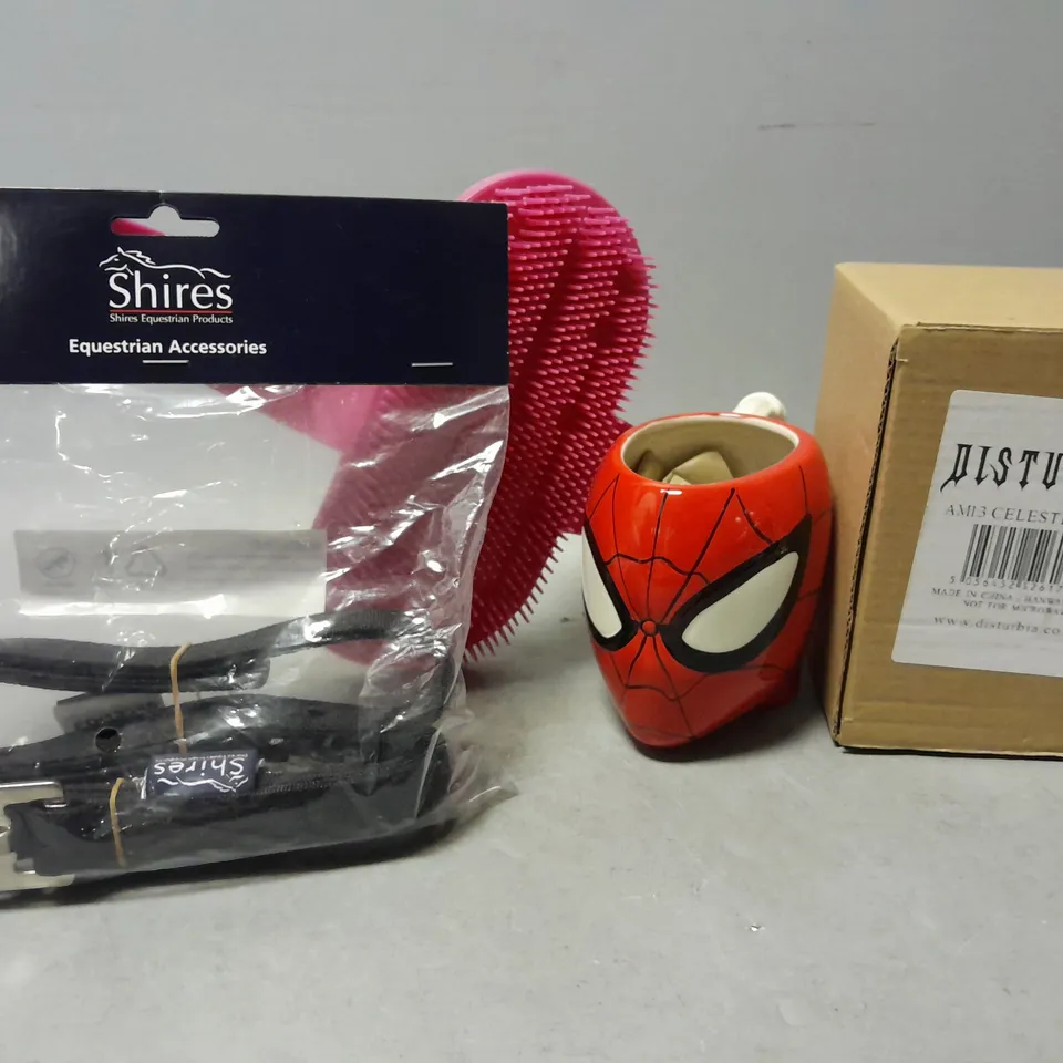 APPROXIMATELY 6 ASSORTED ITEMS TO INCLUDE - EQUESTRIAN ACCESSORIES , SPIDERMAN MUG , HAIR BRUSH ETC