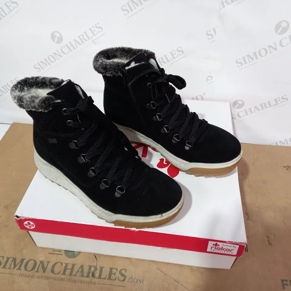 BOXED PAIR OF RIEKER BLACK BOOTS - SIZE 38