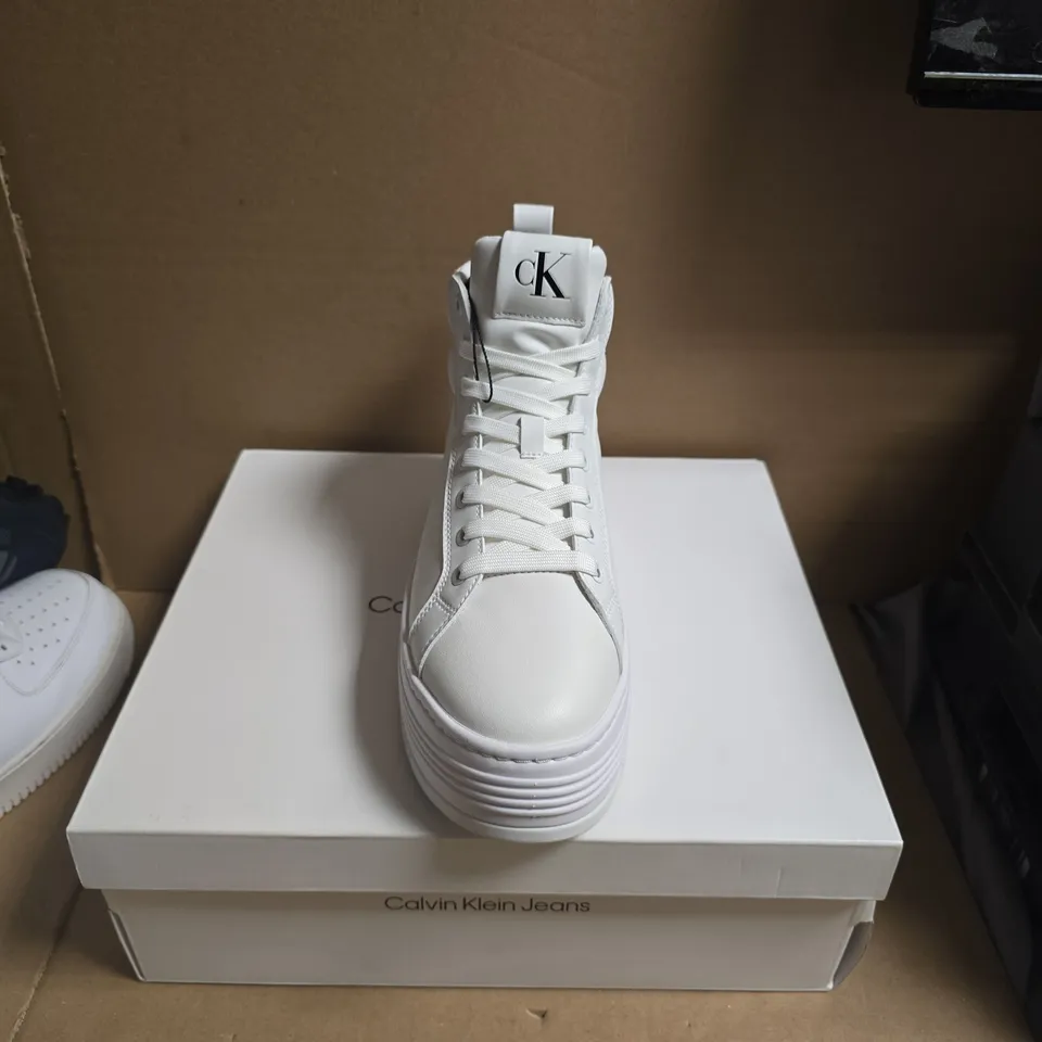 CALVIN KLEIN JEANS TRIPLE WHITE HIGH-TOP SNEAKERS, UK 6 