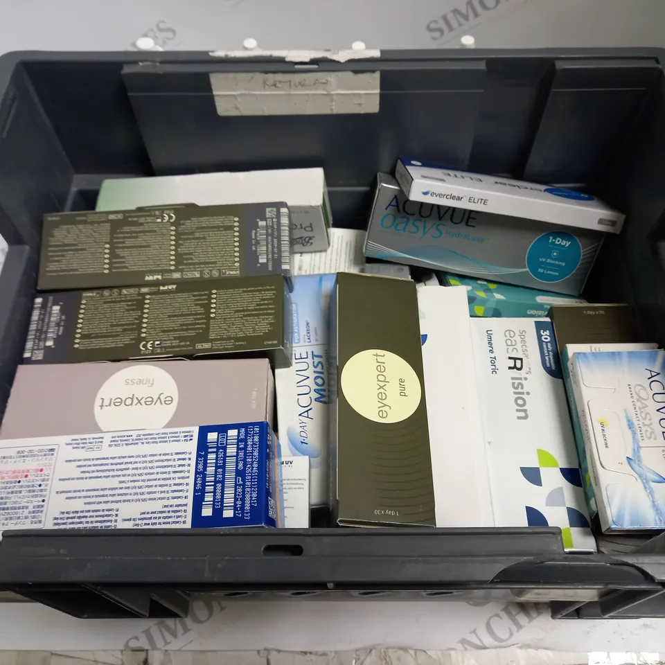 BOXED LOT TO CONTAIN APPROX. 30 X ASSORTED VISION CARE PRODUCTS. INCLUDES PACKS OF CONTACT LENSES & CONTACT LENSE CLEANING SOLUTION. BRANDS VARY