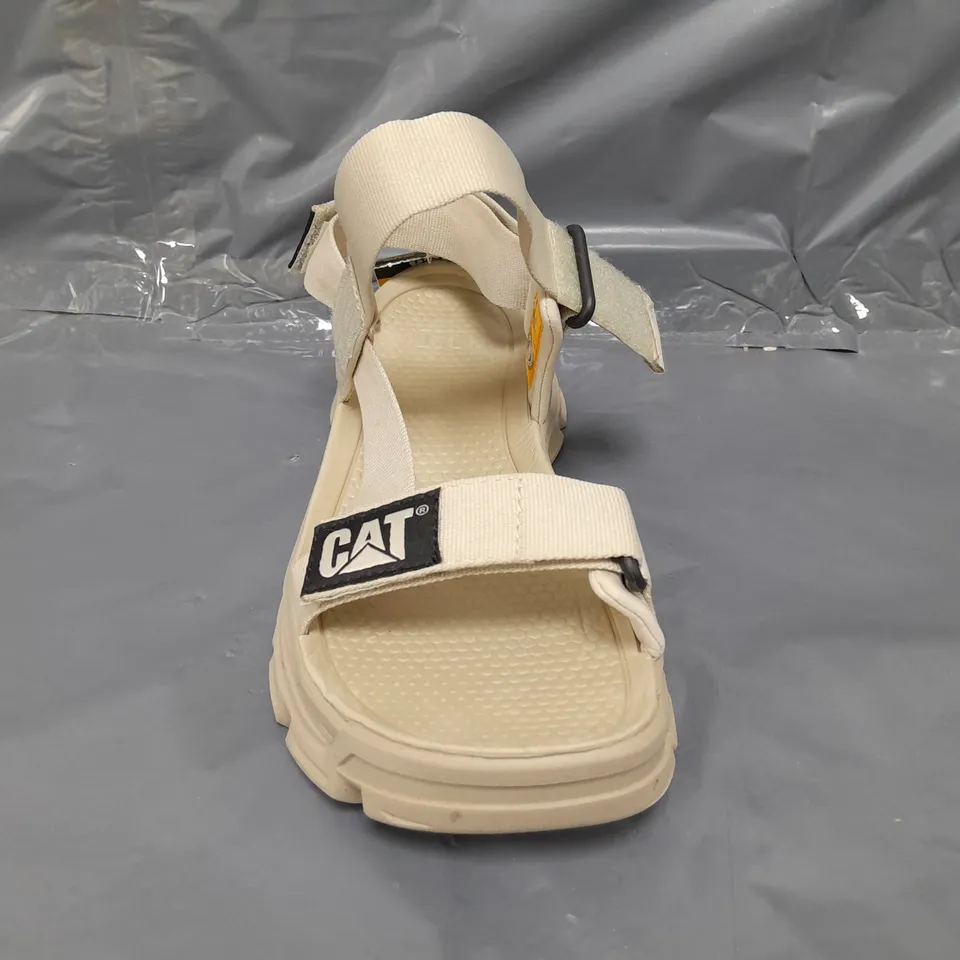 BOXED PAIR OF CATERPILLAR OPEN TOE LOW WEDGE SANDALS IN BEIGE EU SIZE 40