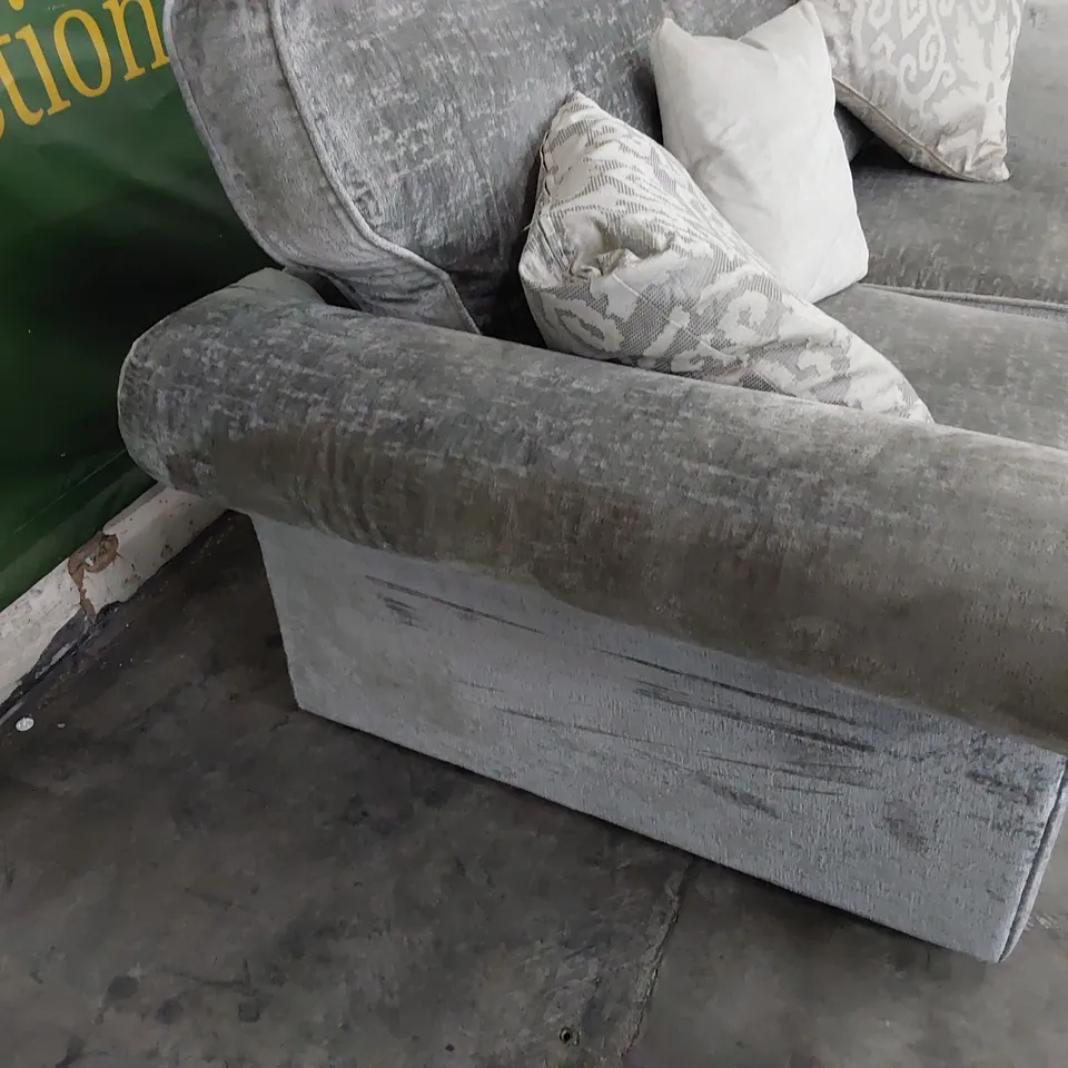 DESIGNER THREE SEATER SCROLL ARM SOFA SILVER FABRIC 