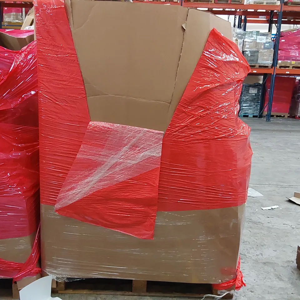 PALLET OF ASSORTED ITEMS INCLUDING: PORTABLE PET CRATE, DOUBLE SIGN STAND, LARGE CANVAS PAINTING, BADMINTON RACKET, UMBRELLA 