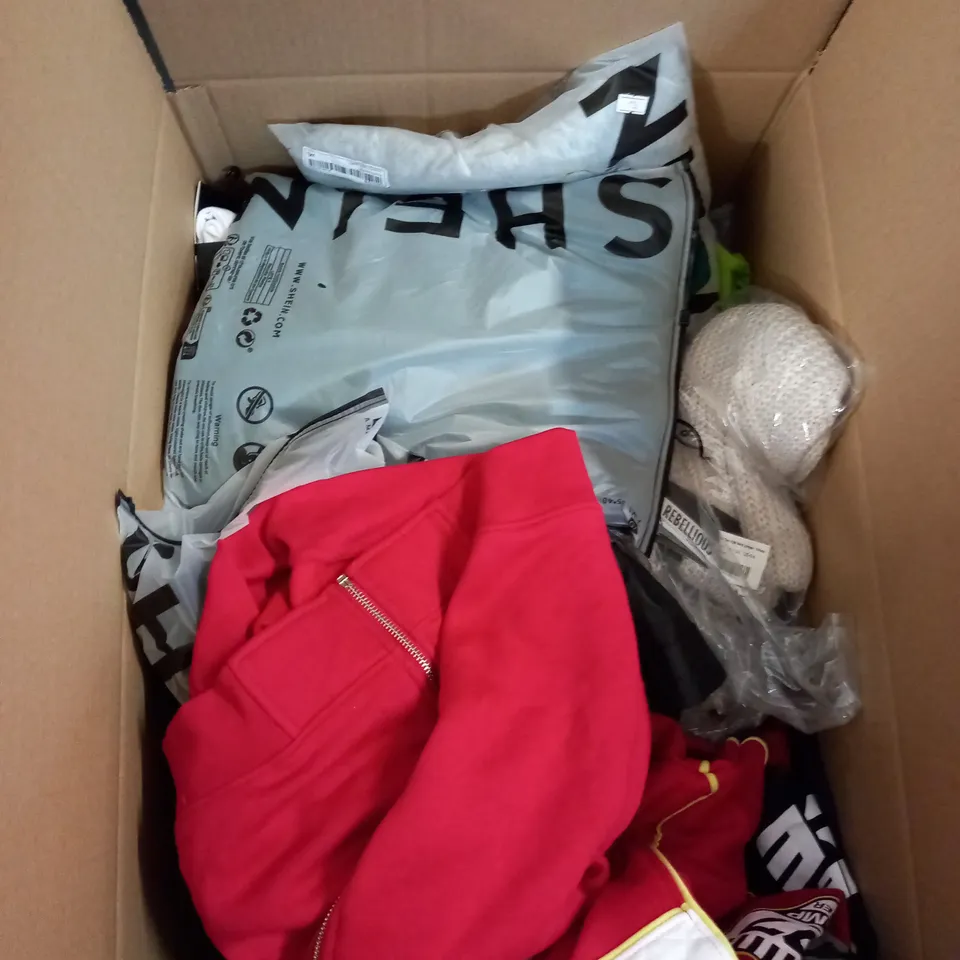 BOX OF ASSORTED CLOTHING ITEMS TOO INCLUDE JUMPERS, SHIRTS AND TROUSERS IN VARIOUS SIZES AND COLOURS   