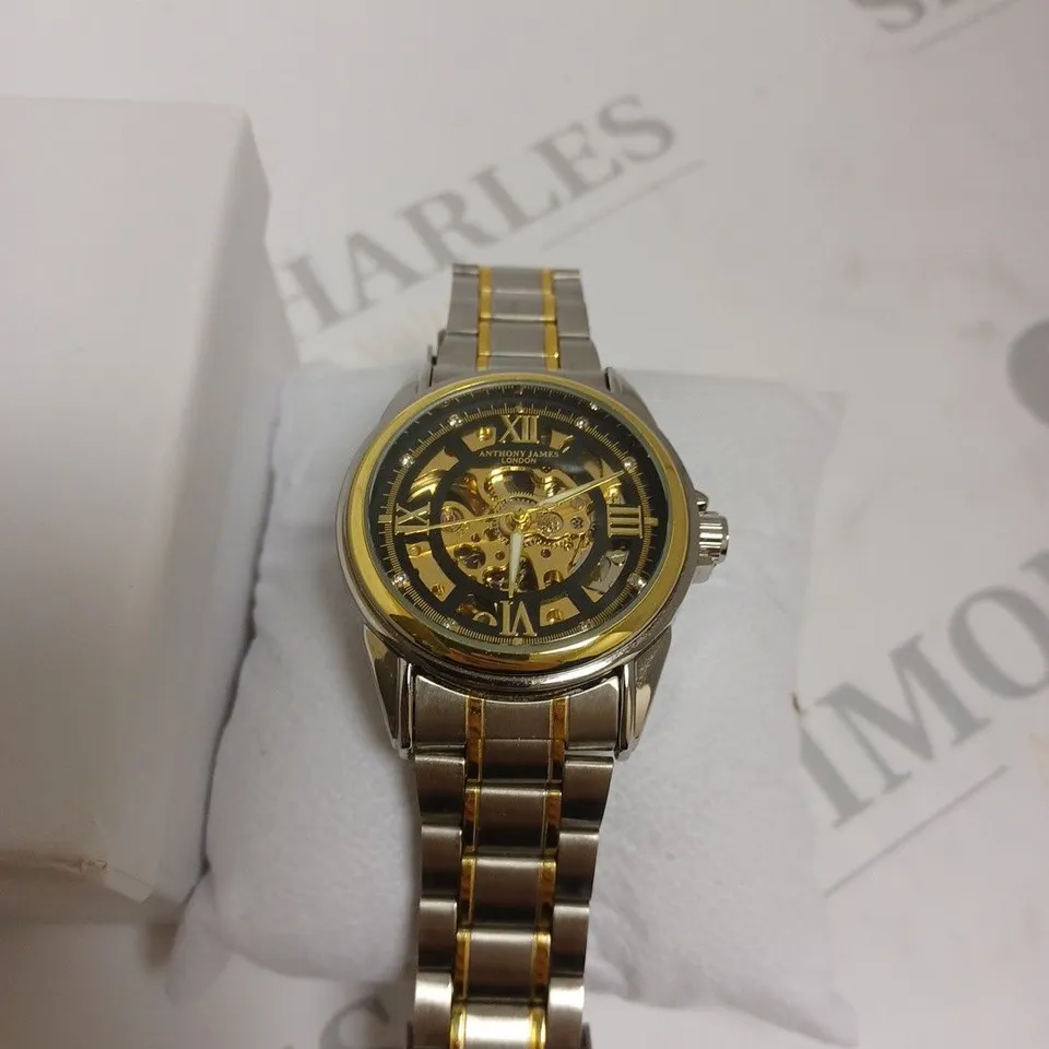 BOXED ANTHONY JAMES GENTS LIMITED EDITION SKELETON AUTOMATIC STAINLESS STEEL WATCH - GOLD