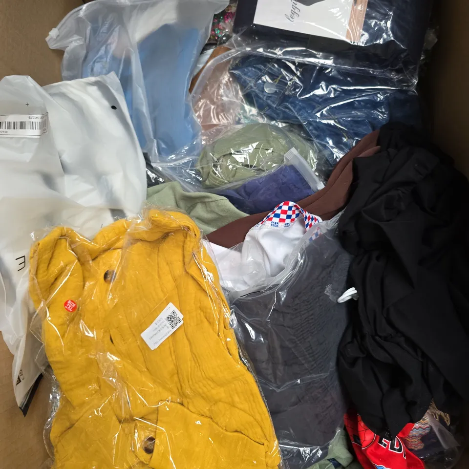 BOX OF APPROXIMATELY 20 ASSORTED CLOTHING ITEMS TO INCLUDE DRESS, SCARF, JEANS, ETC
