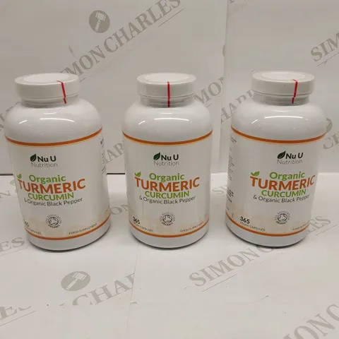 APPROXIMATELY 3 BOTTLES OF NU U ORGANIC TUMERIC CURCUMIN & ORGANIC BLACK PEPPER NUTRITION VEGAN CAPSULES - 365 CAPSULES PER BOTTLE // BEST BEFORE: 07/26