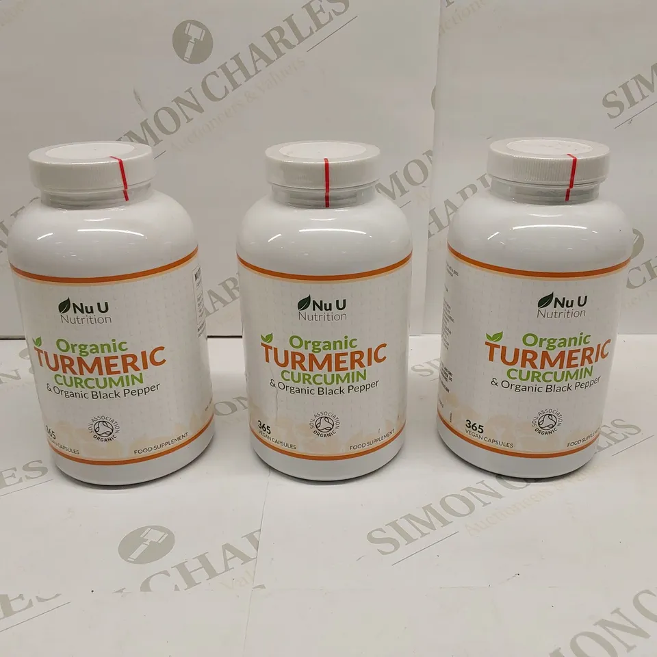 APPROXIMATELY 3 BOTTLES OF NU U ORGANIC TUMERIC CURCUMIN & ORGANIC BLACK PEPPER NUTRITION VEGAN CAPSULES - 365 CAPSULES PER BOTTLE // BEST BEFORE: 07/26