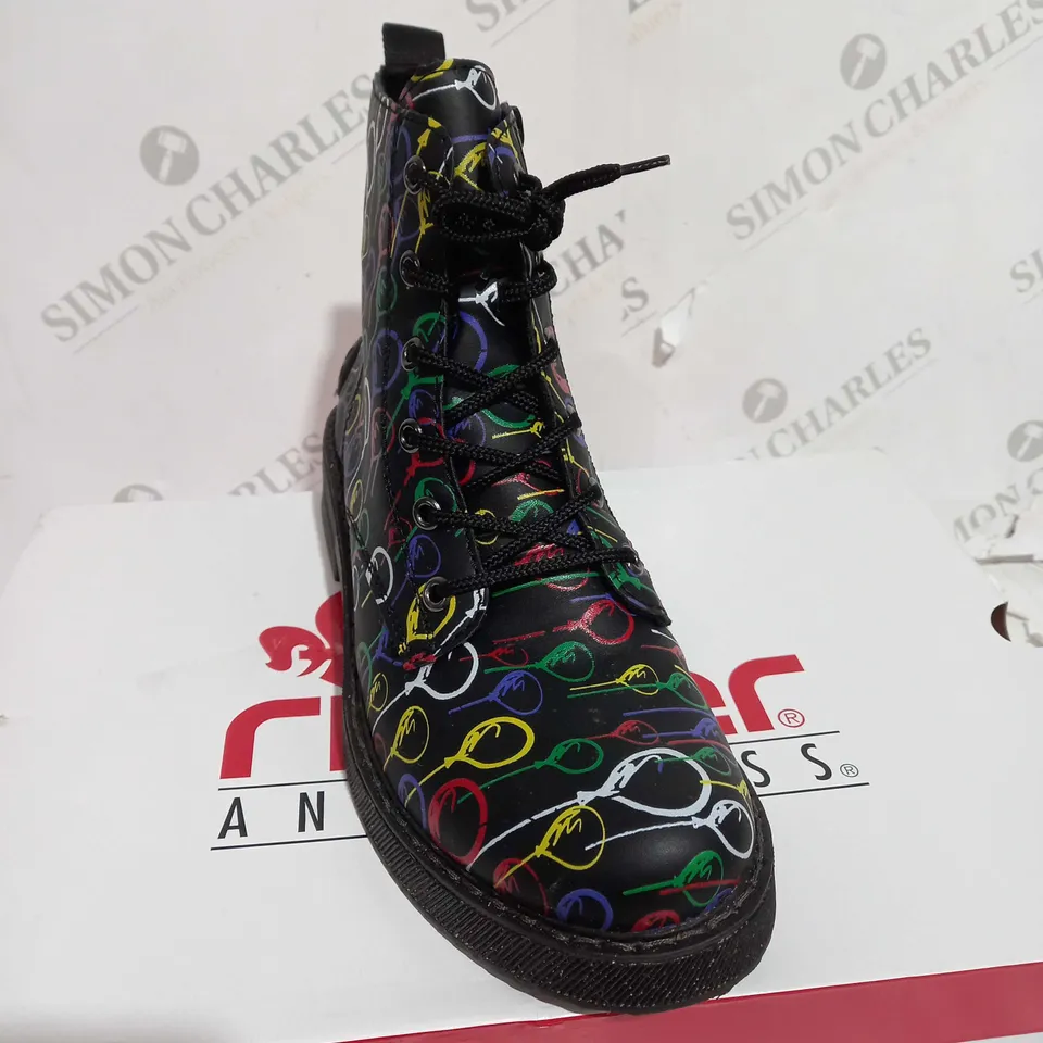 BOXED PAIR OF RIEKER LACE UP BOOTS WITH BALLOON DESIGN UK SIZE 6