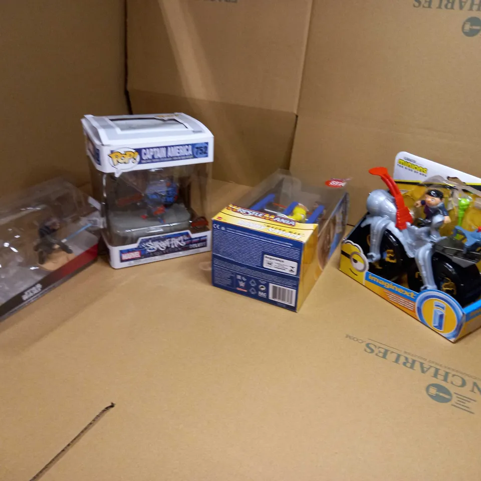 LOT OF APPROX 4 ASSORTED TOY RELATED ITEMS TO INCLUDE: MARVEL POP, RANDY SAVAGE FIGURE, MINIONS 
