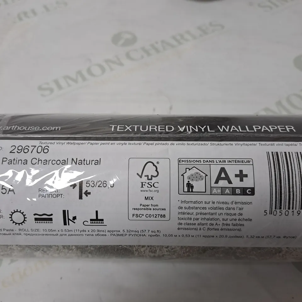 2 SEALED ARTHOUSE TEXTURED VINYL WALLPAPER ROLLS IN MARBLE PATINA CHARCOAL NATURAL 