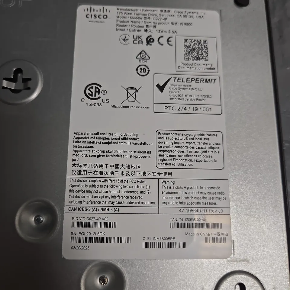 CISCO C927-4P ROUTER (V02) – ENTERPRISE NETWORKING
