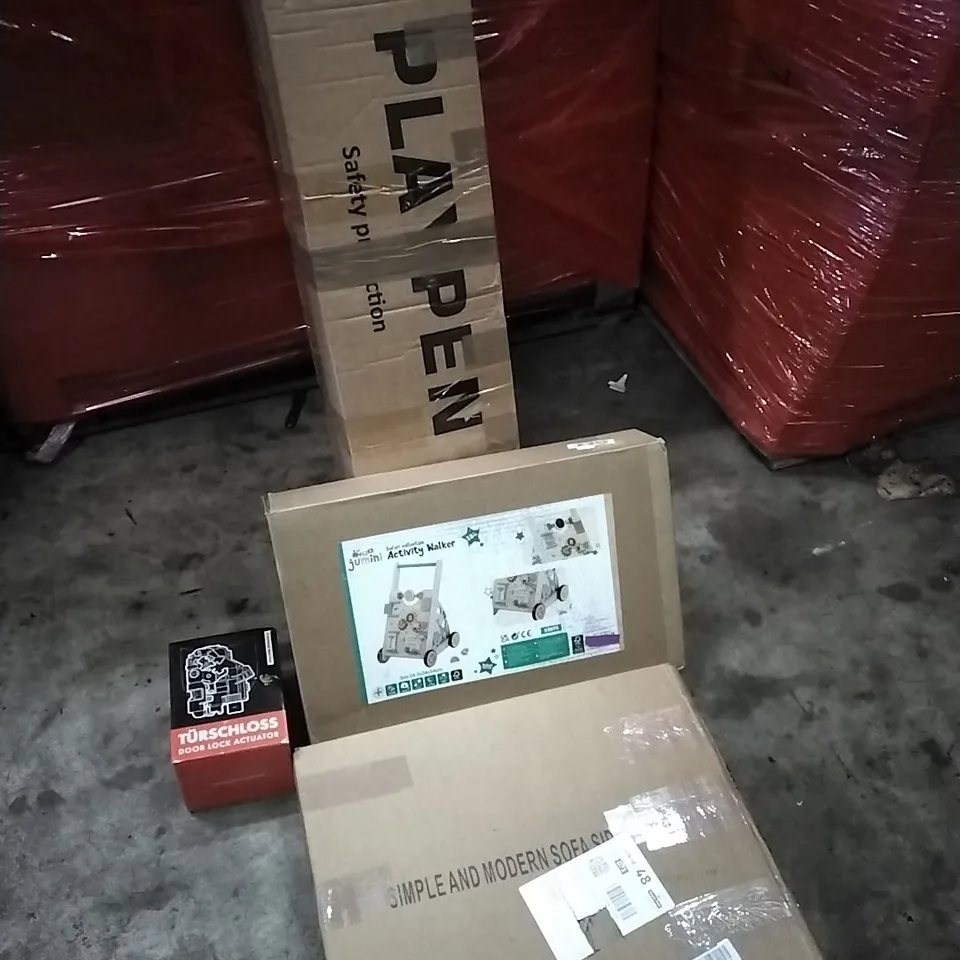 PALLET OF HOUSEHOLD ITEMS TO INCLUDE PLAYPEN,ACTIVITY WALKER,SOFA SIDE TABLE, DOOR LOCK ACTUATOR AND OTHER ASSORTED ITEMS...
