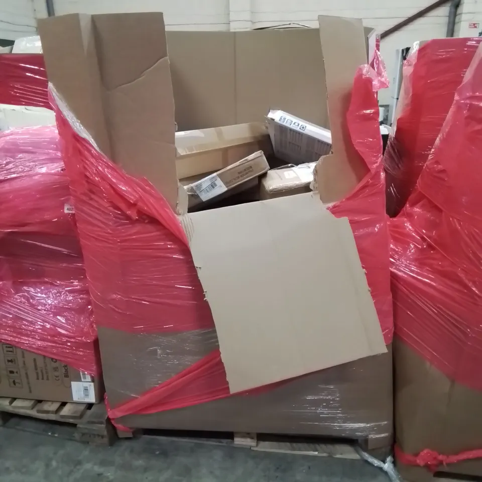 PALLET OF ASSORTED HOUSEHOLD GOODS AND PRODUCTS TO INCLUDE; ASH VACUUM, TOILET SEAT, LAPTOP TRAY, BOXED FURNITURE ETC