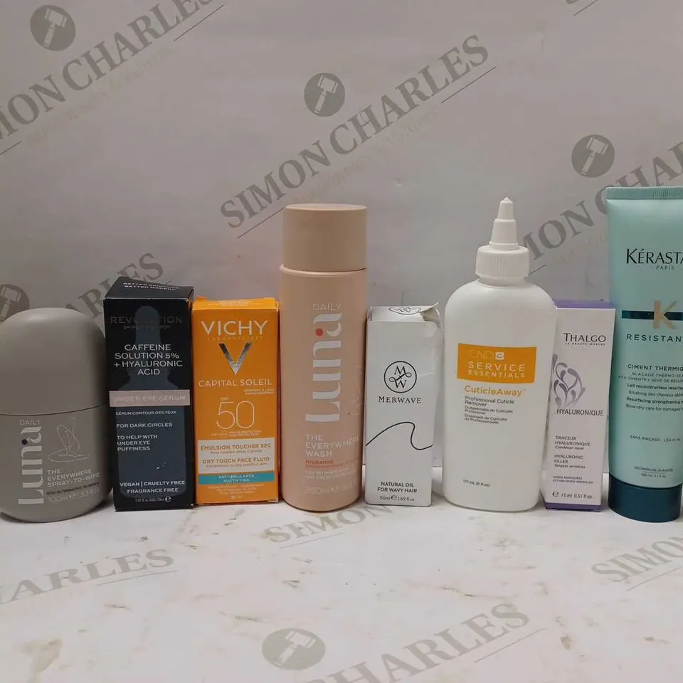 LOT OF APPROX 10 ASSORTED BEAUTY PRODUCTS TO INCLUDE REVOLUTION UNDER EYE SERUM, VICHY DRY TOUCH FACE FLUID, KERASTASE STRENGTHENING MILK, ETC 