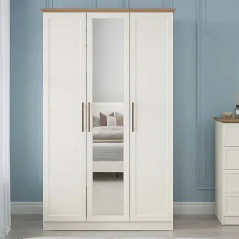 BOXED CLEVERDON 3 DOOR WARDROBE WITH MIRROR - IVORY/OAK (2 BOXES)