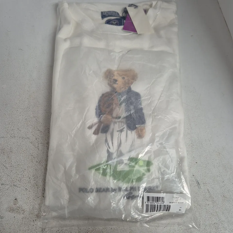 BAGGED POLO BY RALPH LAUREN WOOL/COTTON WHITE SWEATSHIRT WITH WIMBLEDON BEAR GRAPHIC – XL