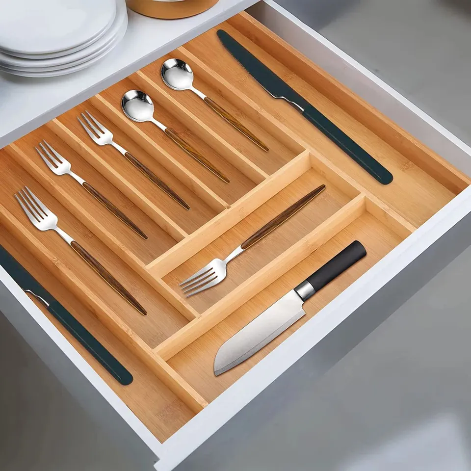 BOXED BAMBOO RECTANGLE FLATWARE CADDY 