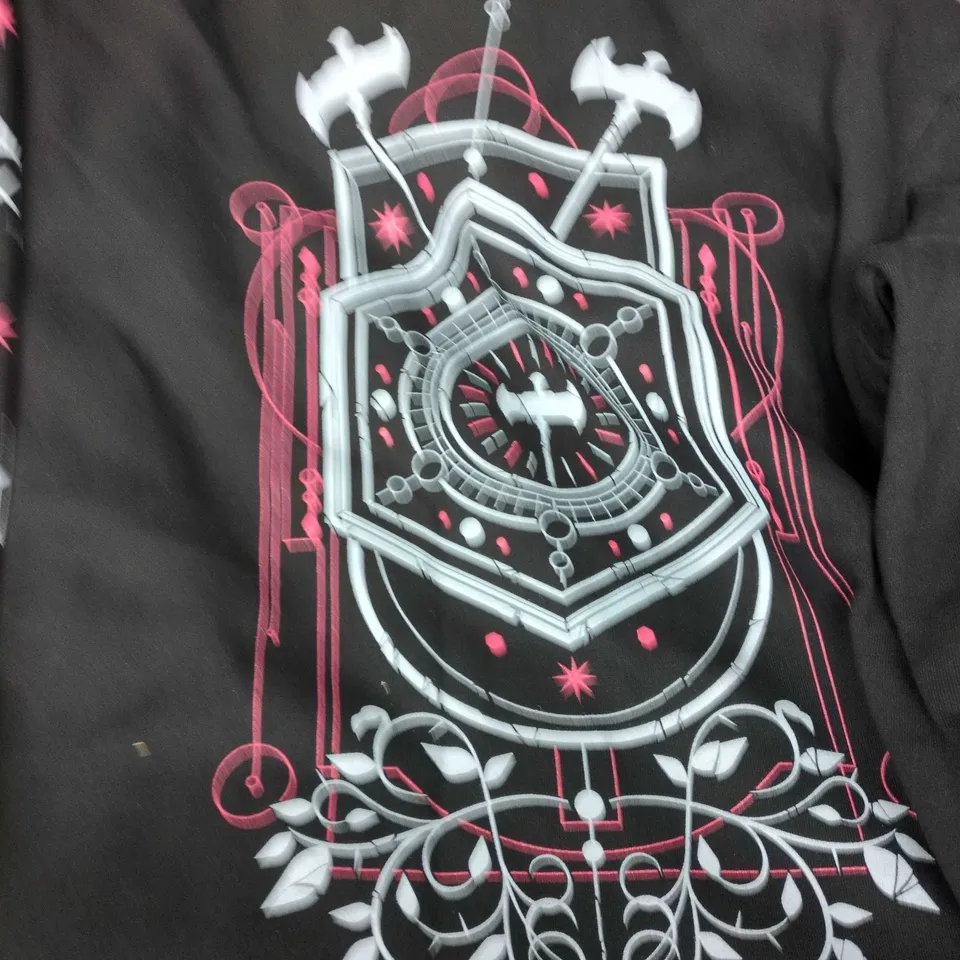 BLACK HOODIE WITH CHEST CREST GRAPHIC AND SLEEVE LOGOS – SIZE LARGE 