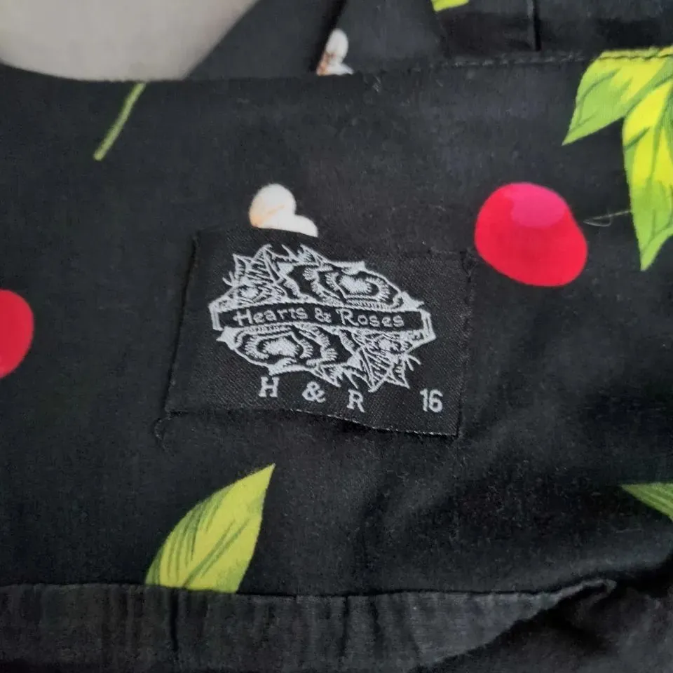 HEARTS & ROSES VINTAGE STYLE CHERRY PRINT DRESS – BLACK WITH RED CHERRIES, UK 16