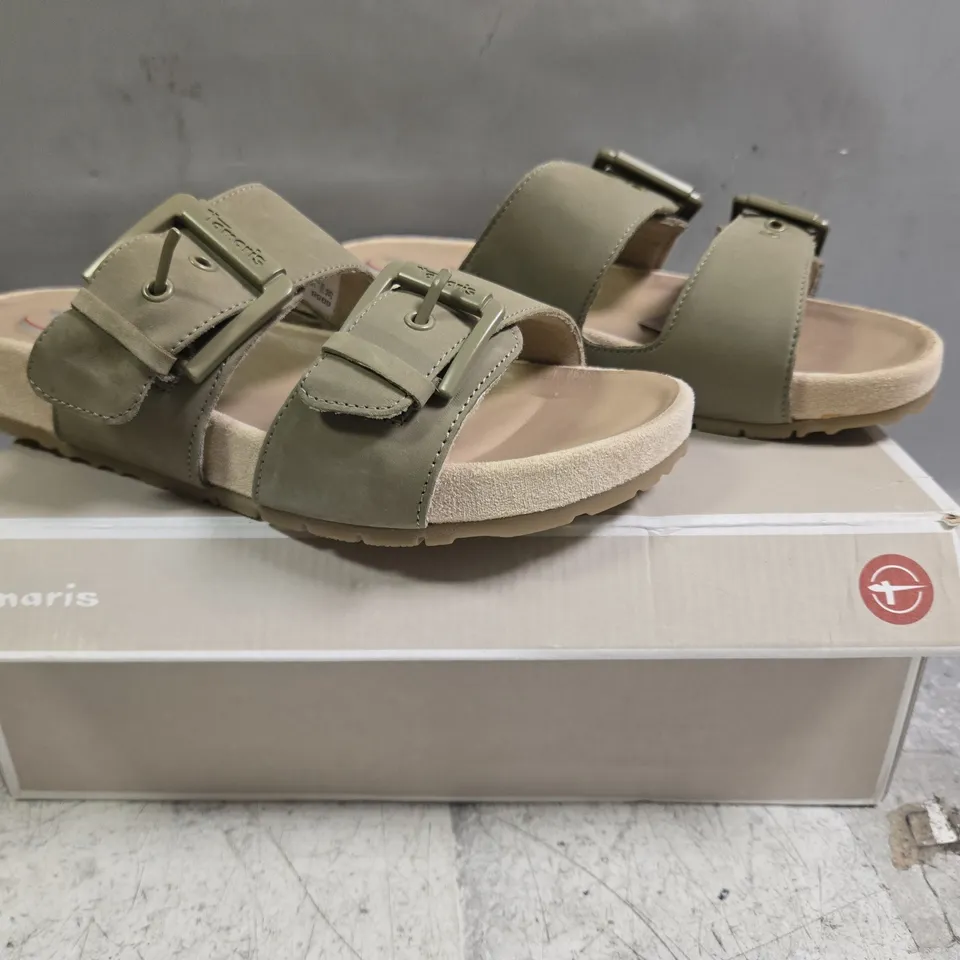 BOXED PAIR OF TAMARI OPEN TOE SANDALS IN SAGE SIZE EU 39