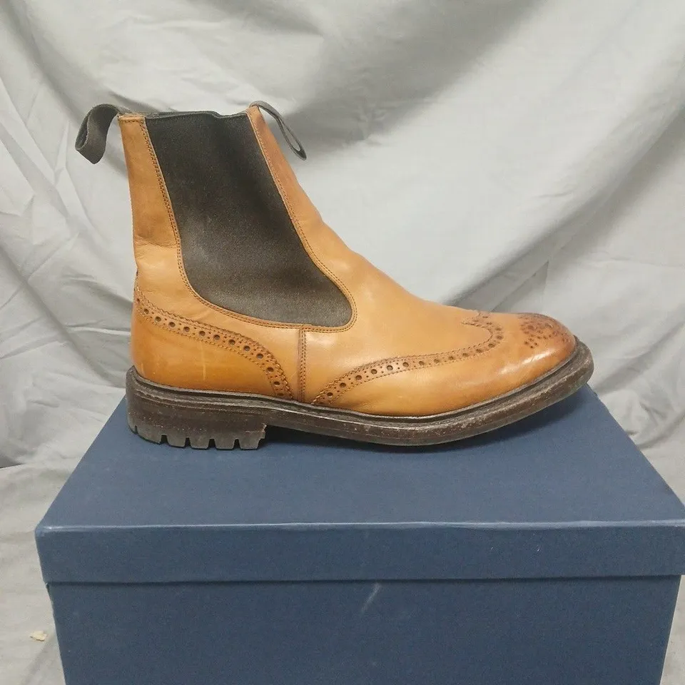 BOXED PAIR OF Tricker's MENS 1001 BURNISHED ELASTIC SIDED BROGUE BOOTS - SIZE 10