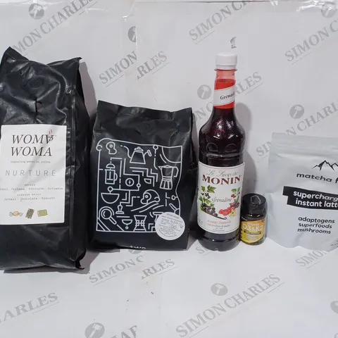 BOX OF APPROX 10 ASSORTED FOOD ITEMS TO INCLUDE - MATCHA FUEL SUPERCHARGED INSTANT LATTE - WOMA WOMA NURTURE - GRENADINE ECT